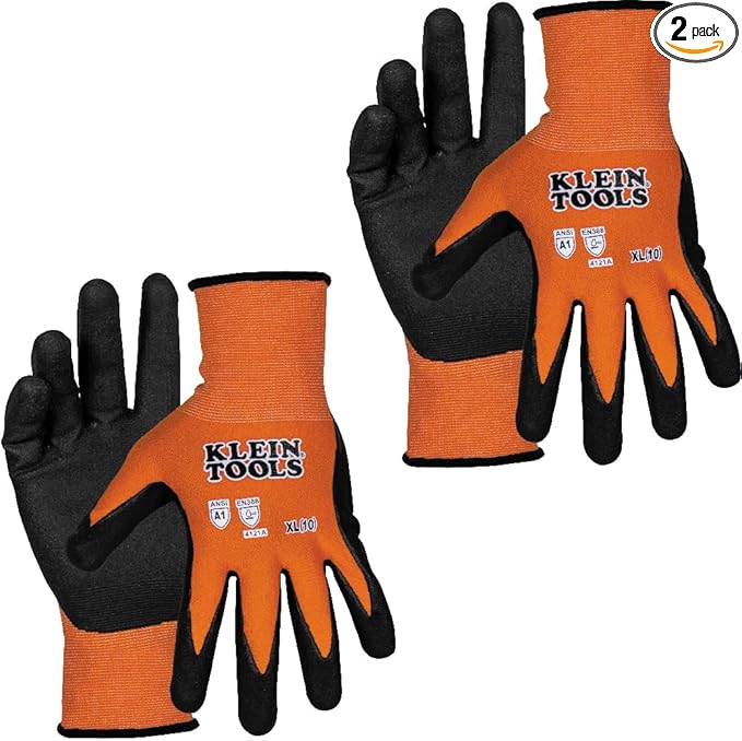 Klein Tools 60582 Work Gloves, Knit Dipped Cut Resistant ANSI A1 Nitrile Coated Gloves, Nylon-Spandex, Touchscreen Capable, X-Large, 2-Pair