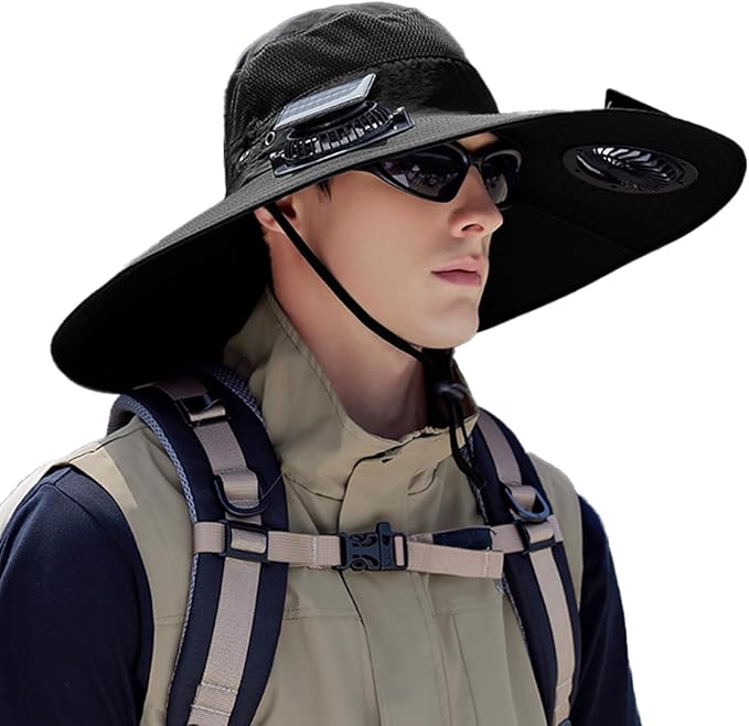 Solar Powered Fan Hat with 2 Fans,Unisex Bucket Hat,Wide Brim Sun Hat for Outdoor Fishing,Hiking,Gardening& Sunbathing