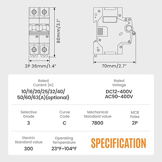 Miniature Circuit Breaker 400VDC/AC 10A 2 Pole Solar Circuit Breaker Shut Off Switch, PV Isolator Solar Panel for Homes Battery (10 Amp)