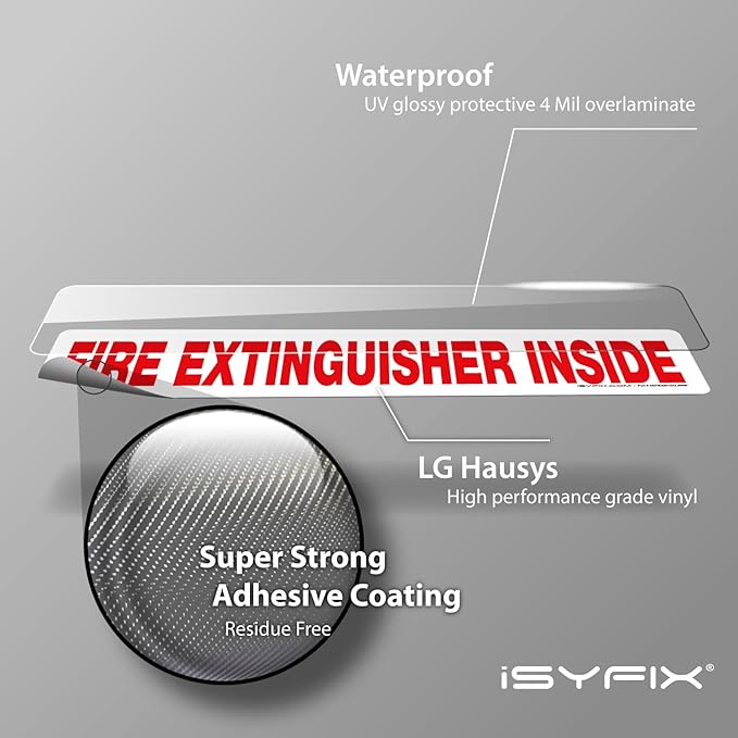iSYFIX Fire Extinguisher Inside Signs Stickers for Vehicles – 10 Pack 12x2.5 Inch – Self-Adhesive Vinyl Decals, Laminated for UV, Weather, Scratch, Fade Resistance, for Cars, Trailers and Trucks