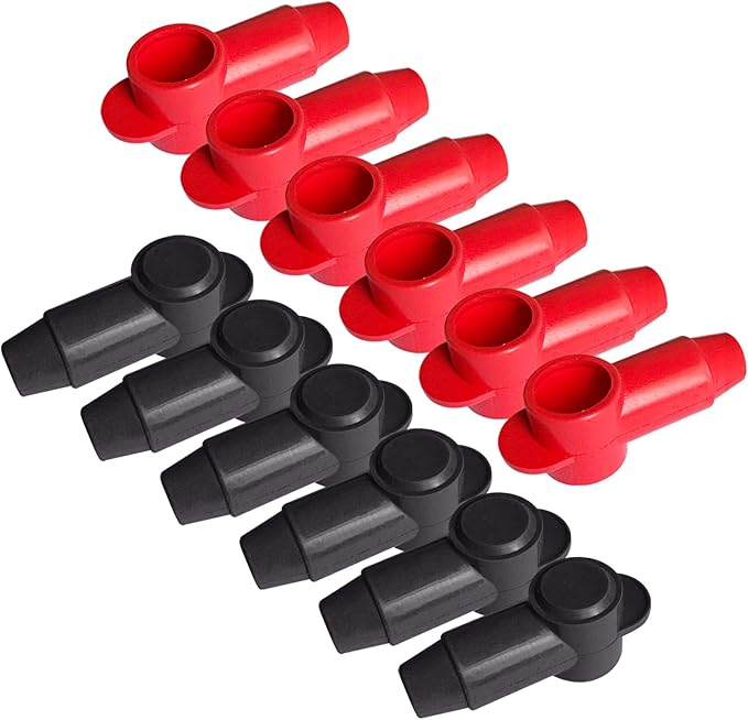 Ampper 12 Pcs Silicone 3/8" Stud Terminal Covers, Flexible Post Terminal Cover Protector Boot for Battery Power & Ground Junction Block Post, Fits 1-3/0 Gauge Wire (Red & Black)