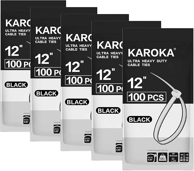 Zip Ties Heavy Duty 12 inch with 120 Pounds Tensile Strength, Black Heavy Duty Cable ties, 500 Pieces,by Karoka