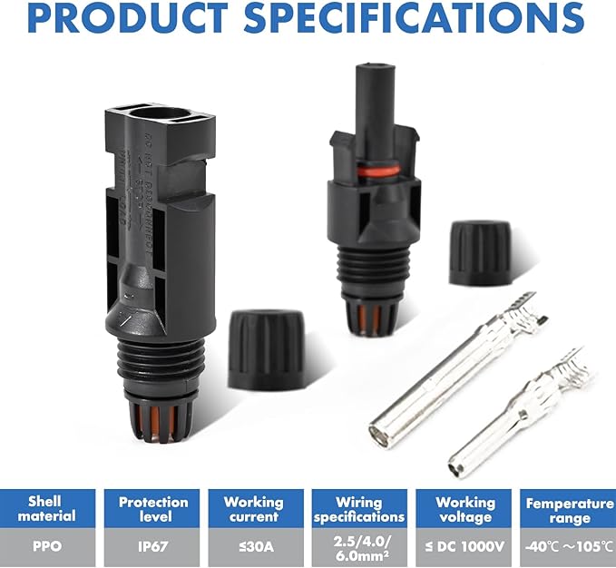 16 PCS Solar Panel Connectors, Male/Female IP67 Waterproof 1000V 30A Solar Cable Connectors (8 Pairs) with 2 Spanners（10AWG）