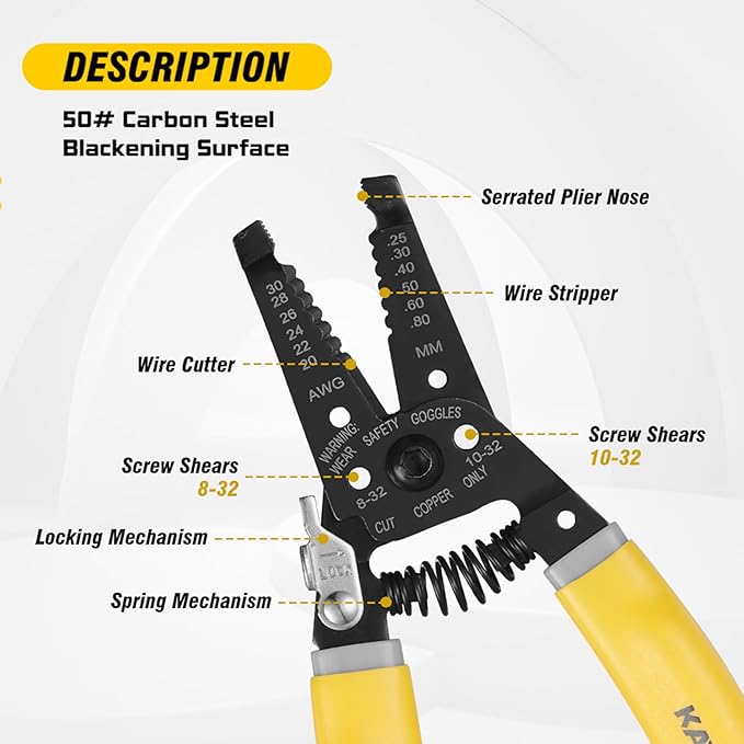 KATA Wire Stripper Wire Cutter - 7 Inch Wire Crimpers Stripping Tool Cutting Plier for 20-30 AWG Solid and 22-32 AWG Stranded Wire - Electrical Wire Stripping Crimping Plier Cable Strippers