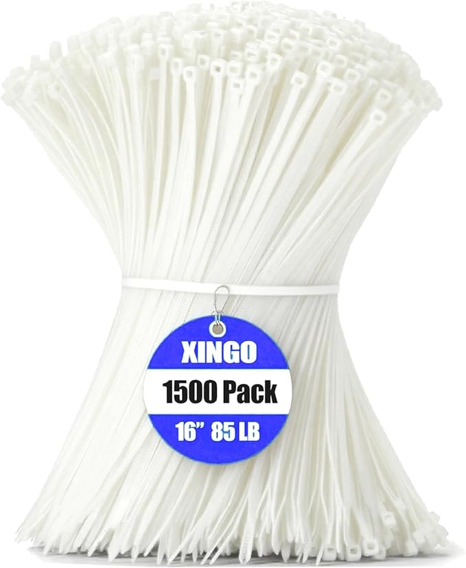 XINGO 16 Inch White Zip Ties 1500 PCS, 85 LBS Tensile Strength, UV Resistant Cable Ties, Premium Self-locking Plastic Ties for Indoor and Outdoor Use