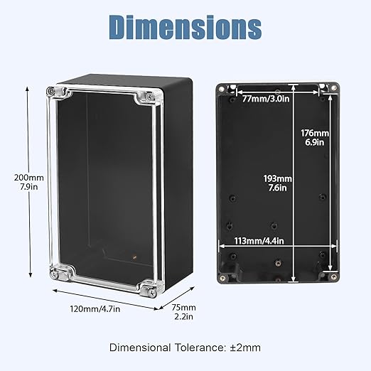 LeMotech Project Box ABS Plastic IP65 Waterproof Dustproof Electrical Junction Box with Clear Cover Outdoor Enclosure for Electronics, Black 7.8"x 4.7"x 2.9"(200x120x75mm)(Pack of 1)