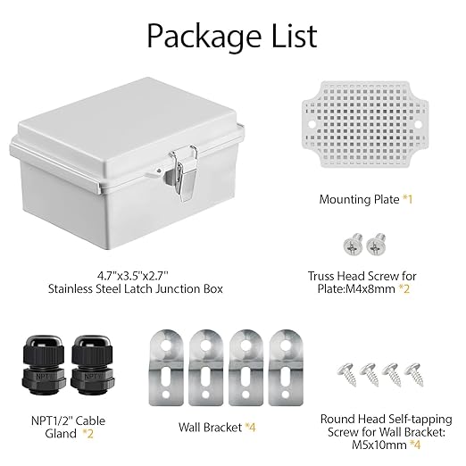 LeMotech Electrical Box, IP67 Waterproof Hinged Cover Stainless Steel Latch Junction Box, ABS Plastic Electrical Enclosure with Mounting Plate,Wall Brackets, Cable Glands,4.7"x3.5"x2.7",Grey