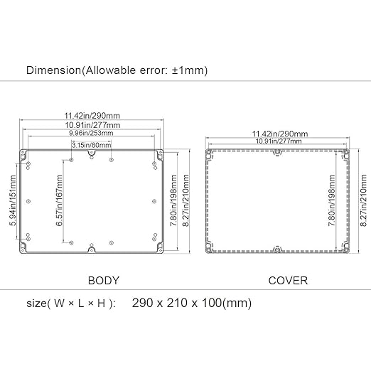LeMotech Project Box ABS Plastic IP65 Waterproof Dustproof Electrical Junction Box Outdoor Enclosure for Electronics Black 11.41" x 8.26" x 3.93" (290 x 210 x 100mm)