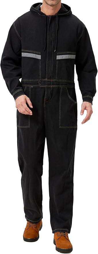 Mens Denim Work Coveralls with Hood Heavy Duty Work Jumpsuit Loose Fit Coverall Hi Viz Mechanic Jeans Overalls