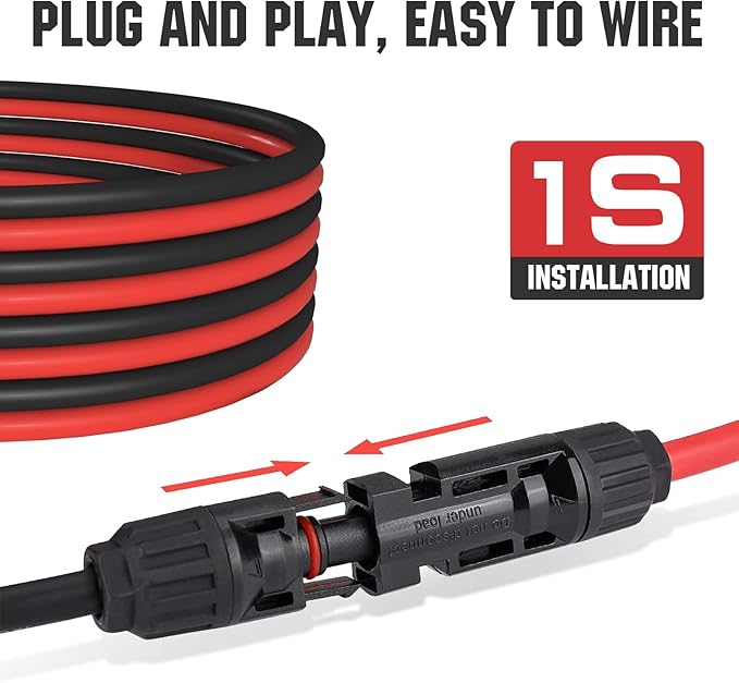 ECO-WORTHY 20FT 10AWG Solar Extension Cable 30A/1000V DC, IP67 Waterproof with Compatible Quick Connectors (Red+Black) for Solar Panels, Controllers, Off-Grid Systems