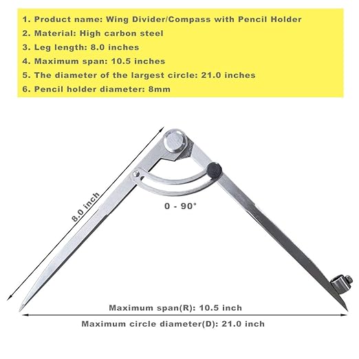 ZLKSKER 6/8 / 10 inch Wing Compass with Pencil Holder, Leather Working Wing Divider, Caliper & Scribe Tool, for Woodworking Drawing & Drafting (8 inch)