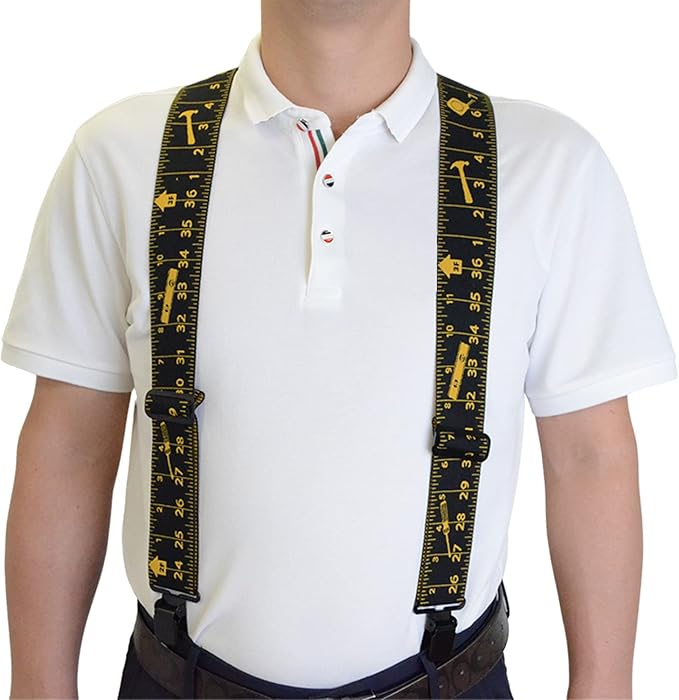 AISENIN Mens Tape Measure Suspenders, 2 Inch Wide Adjustable Work Suspenders for Tool Belts, Elastic Braces with Heavy Duty Strong Clips, Black