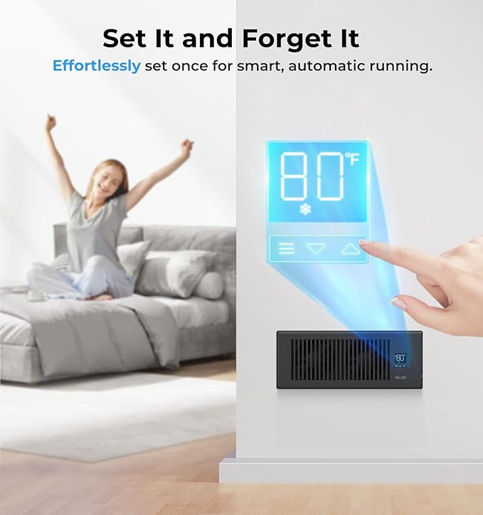 VELLEE Quiet Register Booster Fan Fits 4" x 12" (DUCT OPENING CUTOUT), 10-Speed Smart Heating Cooling AC Vent Booster Fan w/Remote Control & Thermostat Control (Black) - Corded
