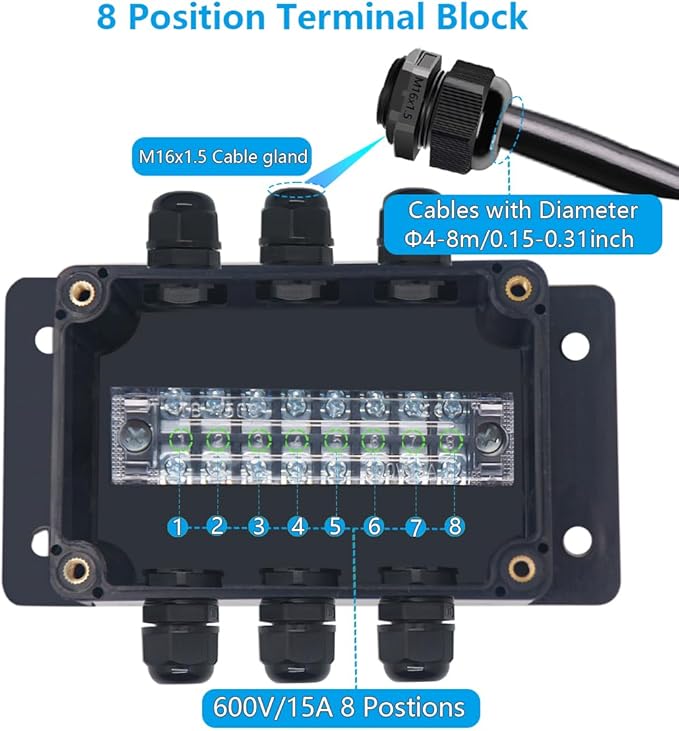 Project BoxI P67 Outdoor Waterproof Box Electronic Junction Box with 15A 600V 8P Barrier Terminal 3IN/3Out Electrical Boxes 3.9x2.7x2inch