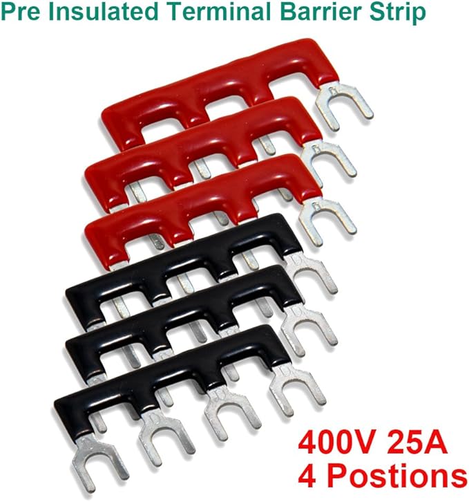 MILAPEAK Terminal Blocks - 12pcs (6 Sets) 4 Positions Dual Row 600V 25A Screw Terminal Strip Blocks with Cover, Pre-Insulated 400V 25A 4 Positions Barrier Strip Black & Red