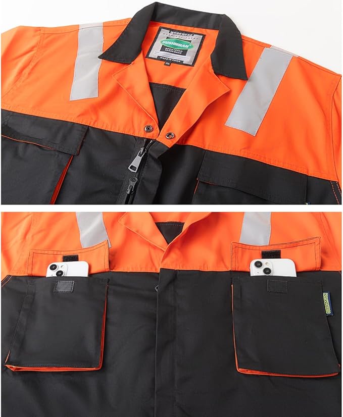 Men's Work Coverall High Visibility Overalls Mechanics Coveralls Workwear Jumpsuit with Multi Pockets