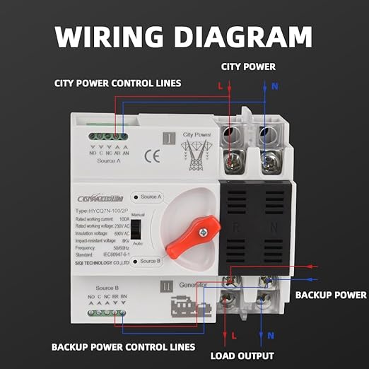 Automatic Transfer Switch ATS 2P 100A 230V Dual Power Electrical Selector Switch Din Rail Type Millisecond Switching