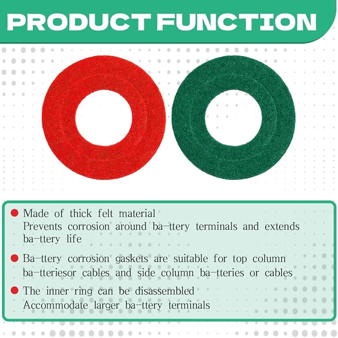 8PCS Battery Terminal Anti Corrosion Washers Fiber, Battery Terminal Protector, 4 Red & 4 Green Battery Terminal Protector for Protecting Battery Terminal, Universal Accessories (Red+Green, 8PCS)