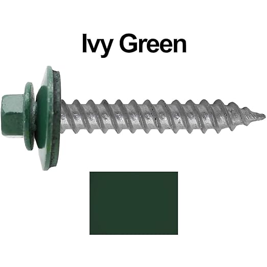 Metal Roofing Screw: (250) 12 x 1-1/2" IVY GREEN Hex ReGrip Sheet Metal Roof Screw. Sharp Point metal to wood siding screws. 9/16" EPDM washer.