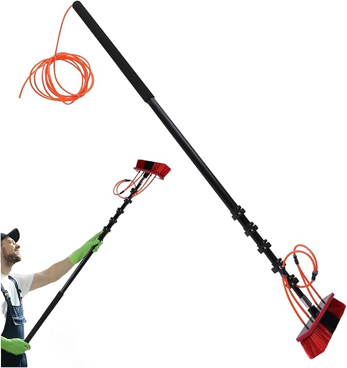 Water Fed Pole Kit, 24ft Length Water Fed Brush w/4.92-23.62ft Adjustable Telescopic Pole & 26.9ft Hose, Aluminum Alloy Outdoor Window Cleaner for Caravan Solar Panel Deck