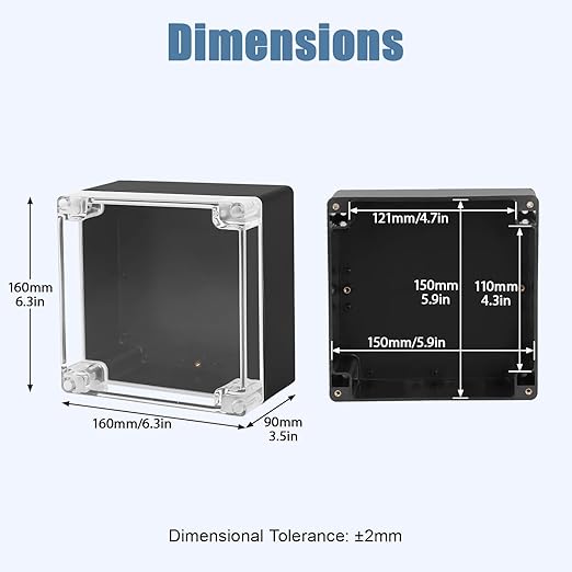 LeMotech Electrical Box Clear Cover Project Box IP65 Waterproof Junction Box ABS Plastic Case Universal Enclosure for Electronics, Black 6.1"x 6.1"x 3.4"(160x160x90mm)(Pack of 1)