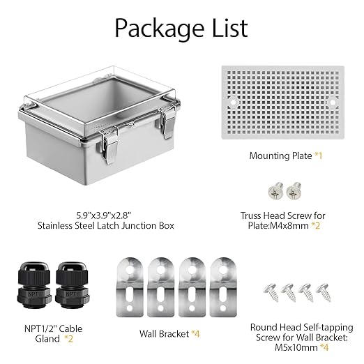 LeMotech Electrical Box, IP67 Waterproof Hinged Clear Cover Stainless Steel Latch Junction Box, ABS Plastic Electrical Enclosure with Mounting Plate,Wall Brackets, Cable Glands,5.9"x3.9"x2.8",Grey