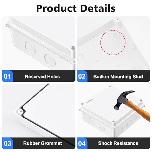 Waterproof Electrical Junction Box (5.9"x5.9"x2.8") with 8 Reserved Holes for Electronics - Sturdy ABS Plastic IP65 Dustproof Project Enclosure - White, (150x150x70mm)