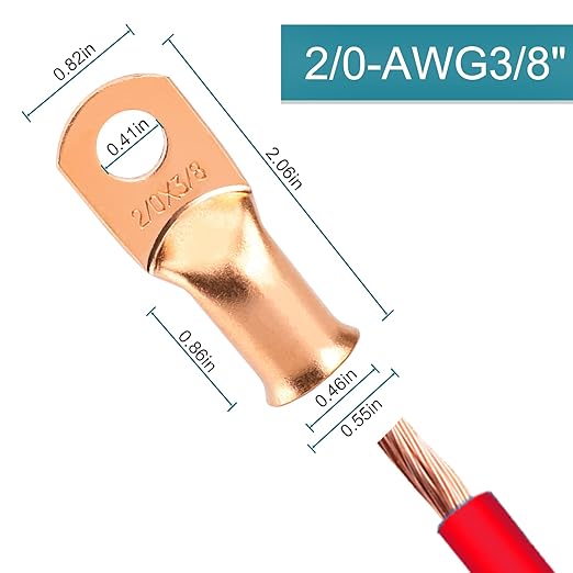 4 PCS Battery Terminal Connectors, Battery Cable Ends Lugs, 2/0 Gauge Wire Connectors, 2/0 AWG 3/8" Stud Ring Terminals, Copper Wire Lugs with Heat Shrink Tubing.