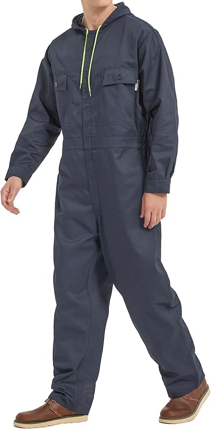 Mens Cotton Blend Long Sleeve Coverall Multi Pockets Zip Overall Mechanic Work Jumpsuit with Hood