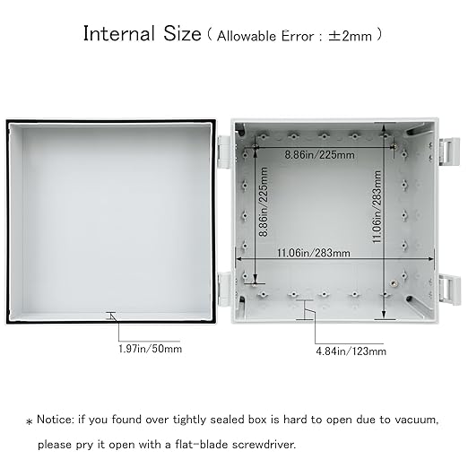 Junction Box IP65 Waterproof Electrical Box Outdoor ABS Plastic Project Box Hinged Shell Universal Enclosure Box with Mounting Plate, Wall Brackets, Cable Glands 11.8" x 11.8" x 7.1"