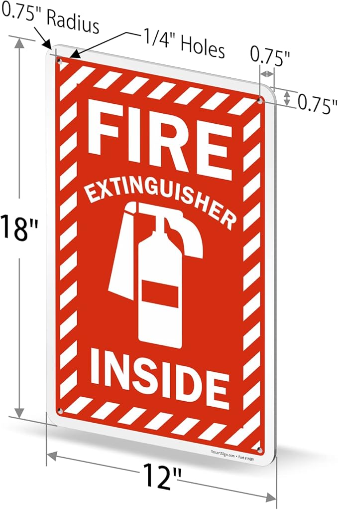 SmartSign 18 x 12 inch “Fire Extinguisher Inside” Sign with Pre-cleared Holes, Digitally Printed, 55 mil HDPE Plastic, Red and white, Made in USA