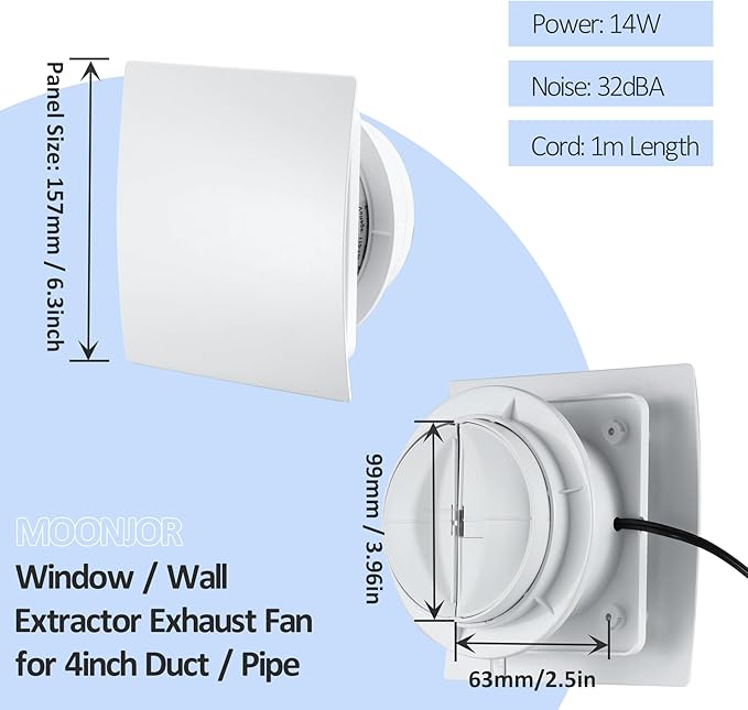 4inch Exhaust Fan, Window Wall Mount Vent Extractor Fan w/Button Switch, Cord for Kitchen Bathroom Workshop Garage (Slim Curved Panel)