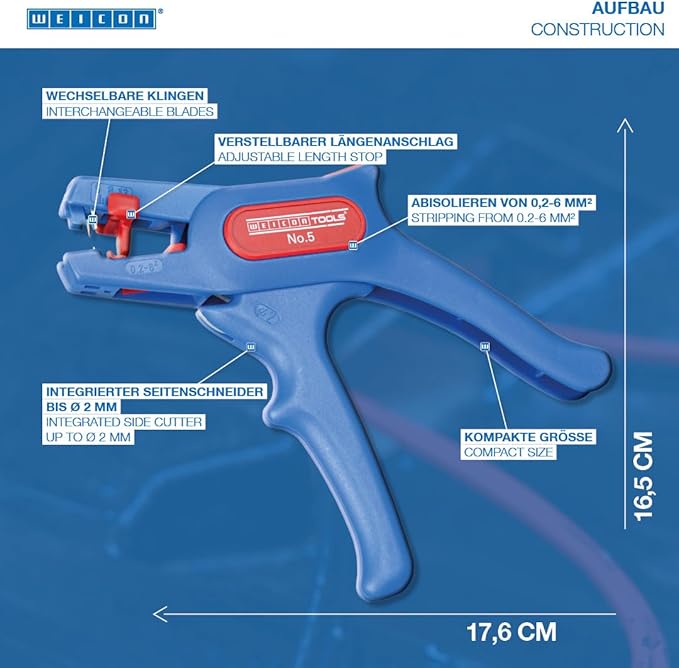 WEICON TOOLS Wire Stripper No. 5, automatic wire stripper 0.2-6 mm², wire stripper with side cutter up to 2 mm