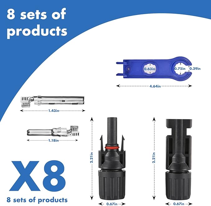 16 PCS Solar Panel Connectors, Male/Female IP67 Waterproof 1000V 30A Solar Cable Connectors (8 Pairs) with 2 Spanners（10AWG）