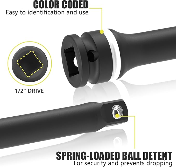 1/2" Drive 140 Ft-Lbs Torque Limiting Extension Bar, 8 Inch Color-Coded Lug Nut Torque Sticks