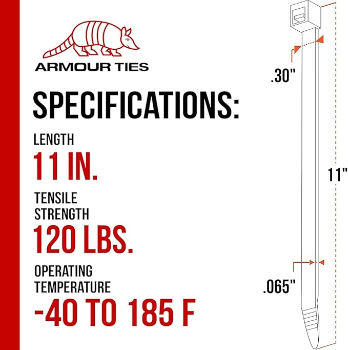11-inch Black Zip Ties Heavy Duty UV Resistant Nylon Cable Ties, 120lb Tensile Strength, 100-Pack - Durable Wire Ties, Heavy Duty Tie Straps Indoor and Outdoor Cable Management Solution by ARMOUR TIES