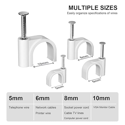 Jadaol Cable Clips with Nails, 400 Pack Cord Wire Clips (5mm 6mm 8mm 10mm), Nail-in Round Cable Tacks for Ethernet Cable, Coaxial, TV, Speaker, Electrical Wire, White