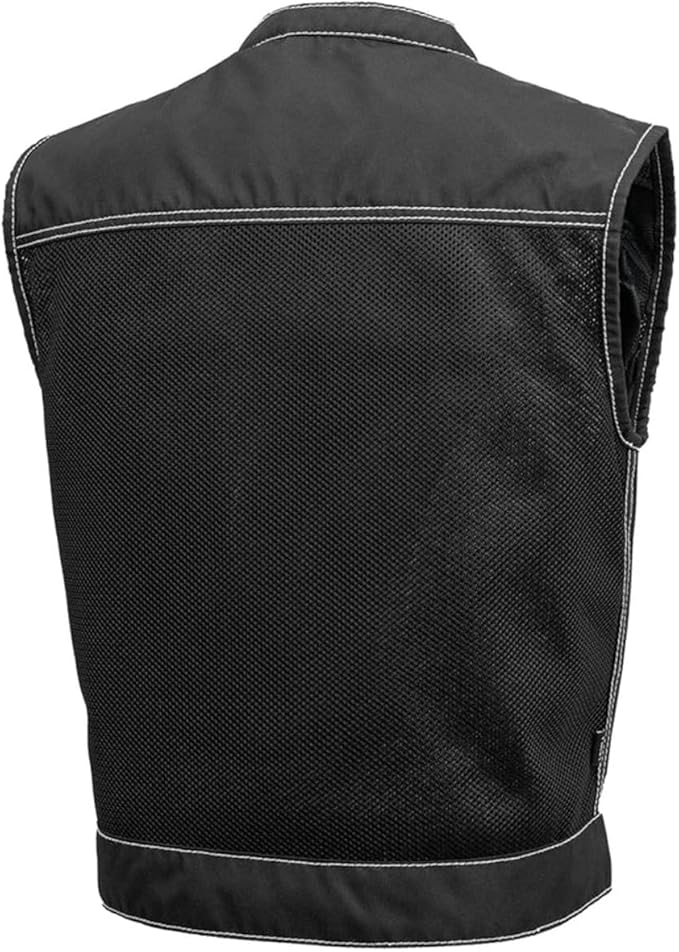 First Mfg Co Lowrider Mens Motorcycle Biker Riding Armor Club Style Black Leather, Twill, Moto Mesh, Perforated Vest