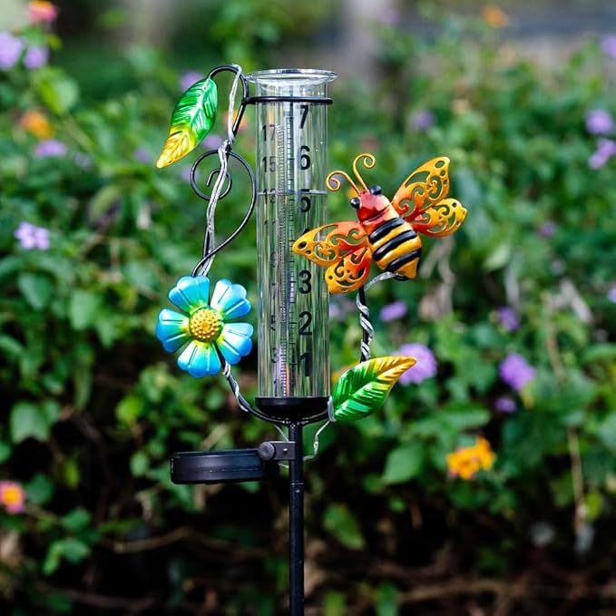 Rain Gauge Outdoor,Decorative Bee Rain Solar Powered Rain Gauges with 7” Glass Tube Water Rain Measure Gauge for Yard Patio Lawn Decor