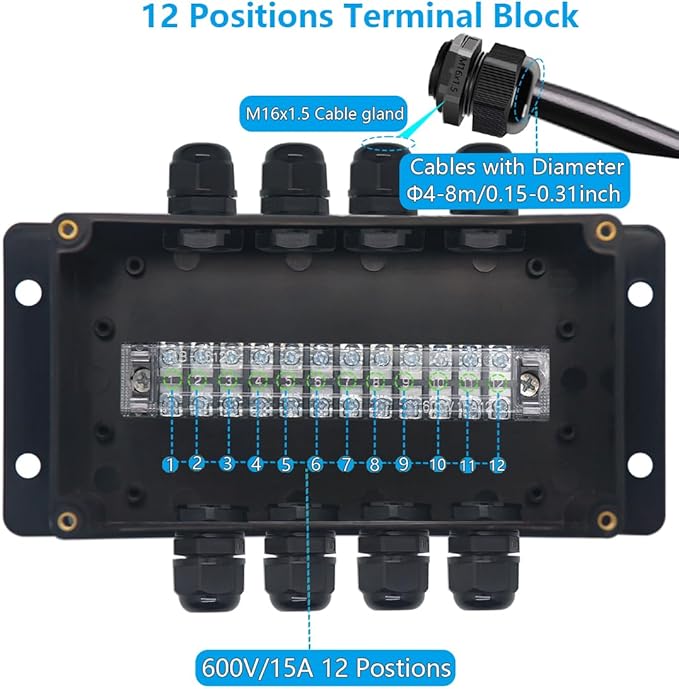 Project BoxI P67 Outdoor Waterproof Box Electronic Junction Box with 15A 600V 12P Barrier Terminal 4IN/4Out Electrical Boxes 6.2x3.5x2.4 inch