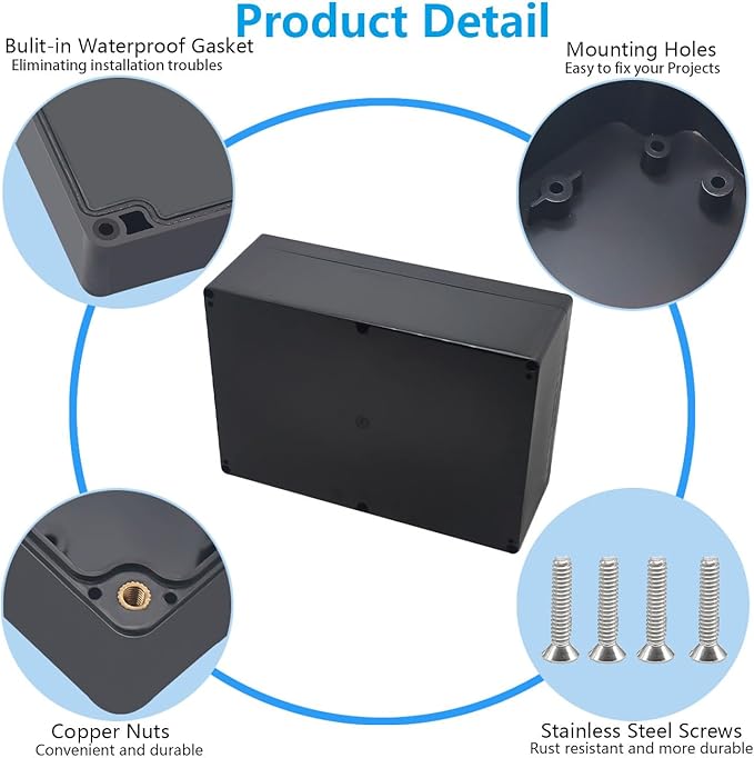 Project Box ABS Black Electrical Boxes IP67 Outdoor Waterproof box Electronic Junction Box Power Enclosure with Cable Glands for DIY Project 10.4 x 7.2 x 3.7 inch (263x182x95mm)