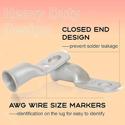 2/0 AWG 3/8" Stud (10 pcs.) Battery Ring Terminal 2/0 awg lugs 2 Gauge Connectors Heavy Duty Wire Lugs Battery Cable Ends Tubular Ring Terminal Battery Terminal Connectors Tinned Copper Eyelets