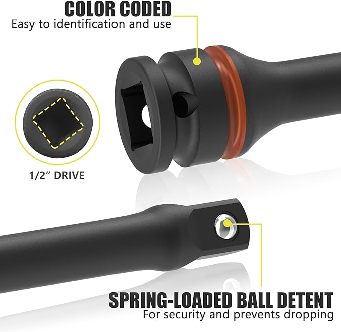 1/2" Drive 130 Ft-Lbs Torque Limiting Extension Bar, 8 Inch Color-Coded Lug Nut Torque Sticks