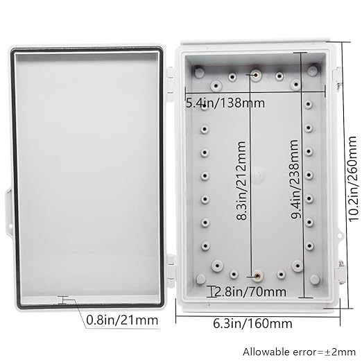 Zulkit Junction Box,IP67 Waterproof Electrical Box Hinged Cover Stainless Steel Buckle Plastic Enclosure for Project w Mounting Plate Wall Bracket and 2 Cable Gland Grey 10.2 x 6.3 x 3.9 Inch