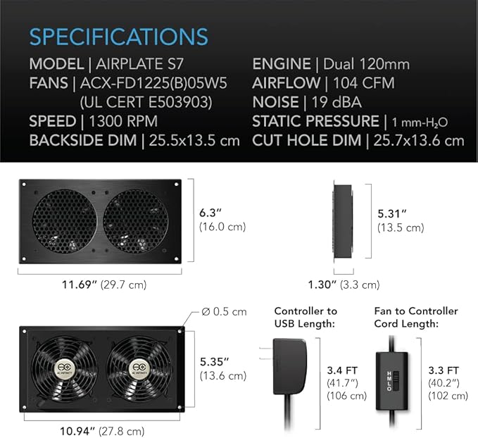 AC Infinity AIRPLATE S7, Quiet Cooling Fan System 12" with Speed Control, for Home Theater AV Cabinets (Pack of 2)