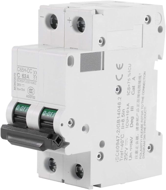 Solar Disconnect, Din Rail Dc Breaker 63 Amp Dc Breaker 250v Dc 2p Low-Voltage Miniature Air Circuit Breaker Solar Energy Switch Used for Solar Panels Grid System