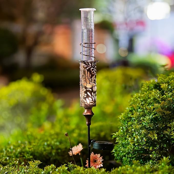 Rain Gauge Outdoor, Hollow Out Hummingbird Solar Rain Gauge, 7 Inch Tube Rain Measure Gauge with Stake, Decorative Metal Rain Measure Tool for Yard, Lawn Ornaments