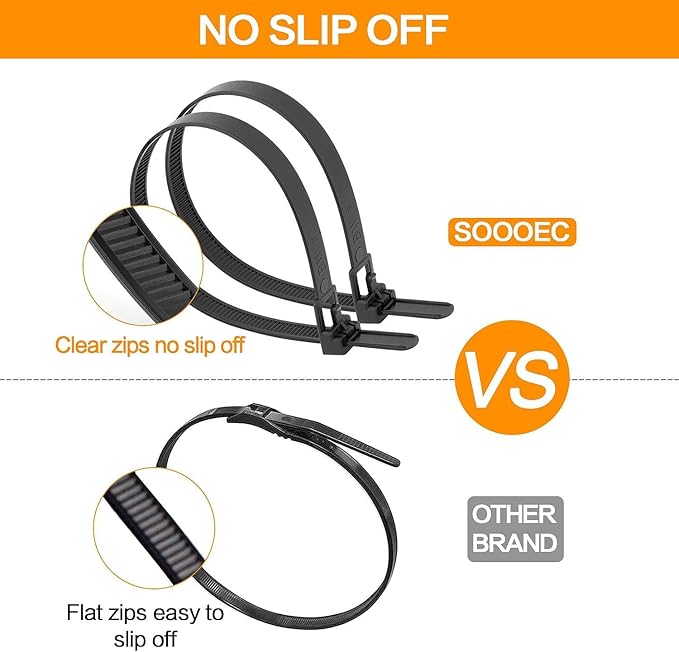 SOOOEC 100 Pack Reusable Zip Ties 18 inch Heavy Duty Outdoor UV Resistant, Releasable Black Zip Ties Heavy Duty Indoor Round Ending No Hurt, Cable Ties Reusable Tie Wraps Non Slip Off