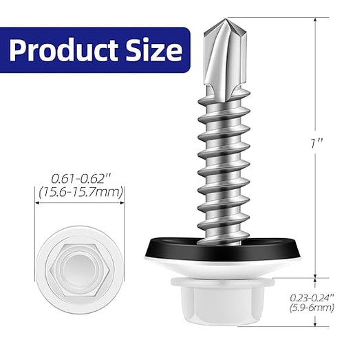 #14 x 1 Zinc Plated Steel Self Drilling Roofing Screws, Hex Head Self Tapping Screws with EPDM Washer, White Head, 50 PCS