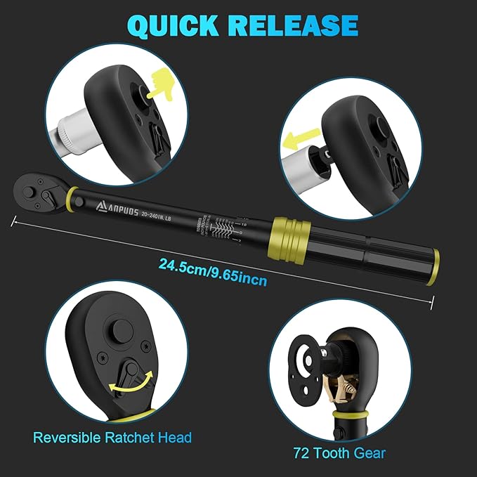1/4 Inch Click Torque Wrench, 20-240 in.lb/2.3-27.1 Nm, Lightweight Small Bike Tool, ±3% Accuracy, 72-Tooth Dual Direction Inch Pound Torque Wrench for Carbon Fiber Bicycle, MTB Maintenance